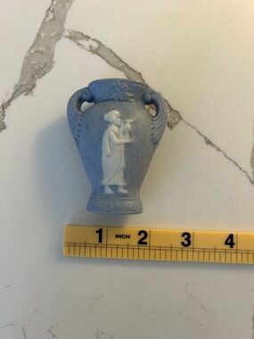 Vintage Blue Jasperware Mini Vase Urn Greek Relief Wedgwood Style 3” Decor